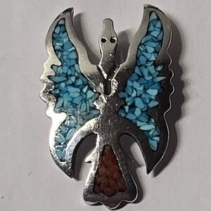 Native American Zuni Bird  Turquoise Coral Inlay Sterling Silver Pendant Singed